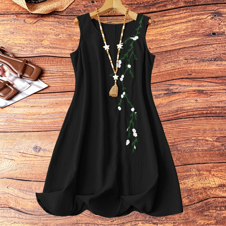 Qulqfy Cotton Summer Dresses for Women Sleeveless Flowy Embroidered Maxi Floral Black Casual Pleat Cute Scoop Neck Beach Long Dresses L