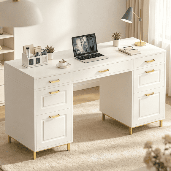 DreamCurship White Desk with 7 Drawers, White and Gold Desk with Storage, 57" Executive Desk with File Drawers, White
