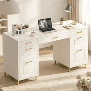 DreamCurship White Desk with 7 Drawers, White and Gold Desk with Storage, 57" Executive Desk with File Drawers, White
