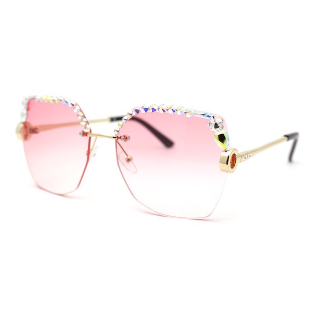 Womens Oil Slick Rhinestone Brow Trim Rimless Butterfly Sunglasses Gold Pink