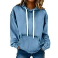 thumbnail image 2 of Women's Denim Hoodies Fashion Denim Patchwork Stitching Hooded Sweatshirts Drawstring Loose Long Sleeve Solid Pullover Fall Outfits with Pocket, 2 of 7