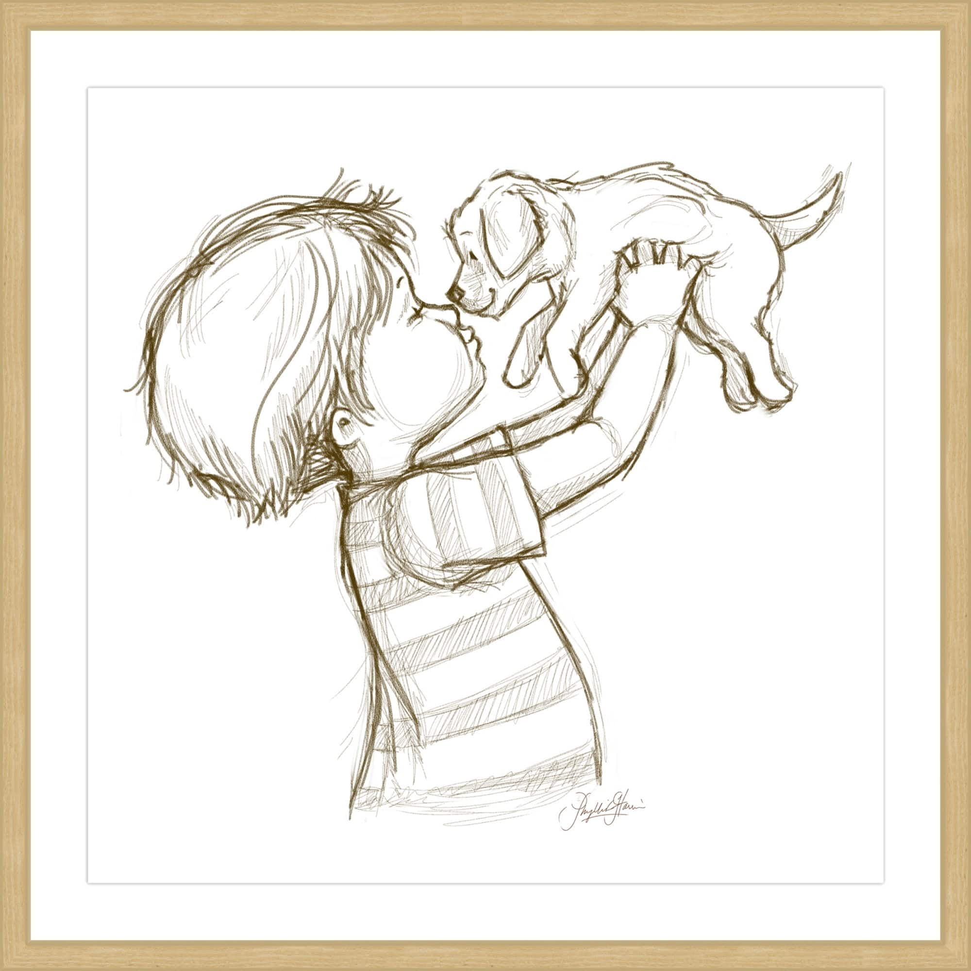 "Boy Loves Puppy" by Phyllis Harris Framed Painting Art Print