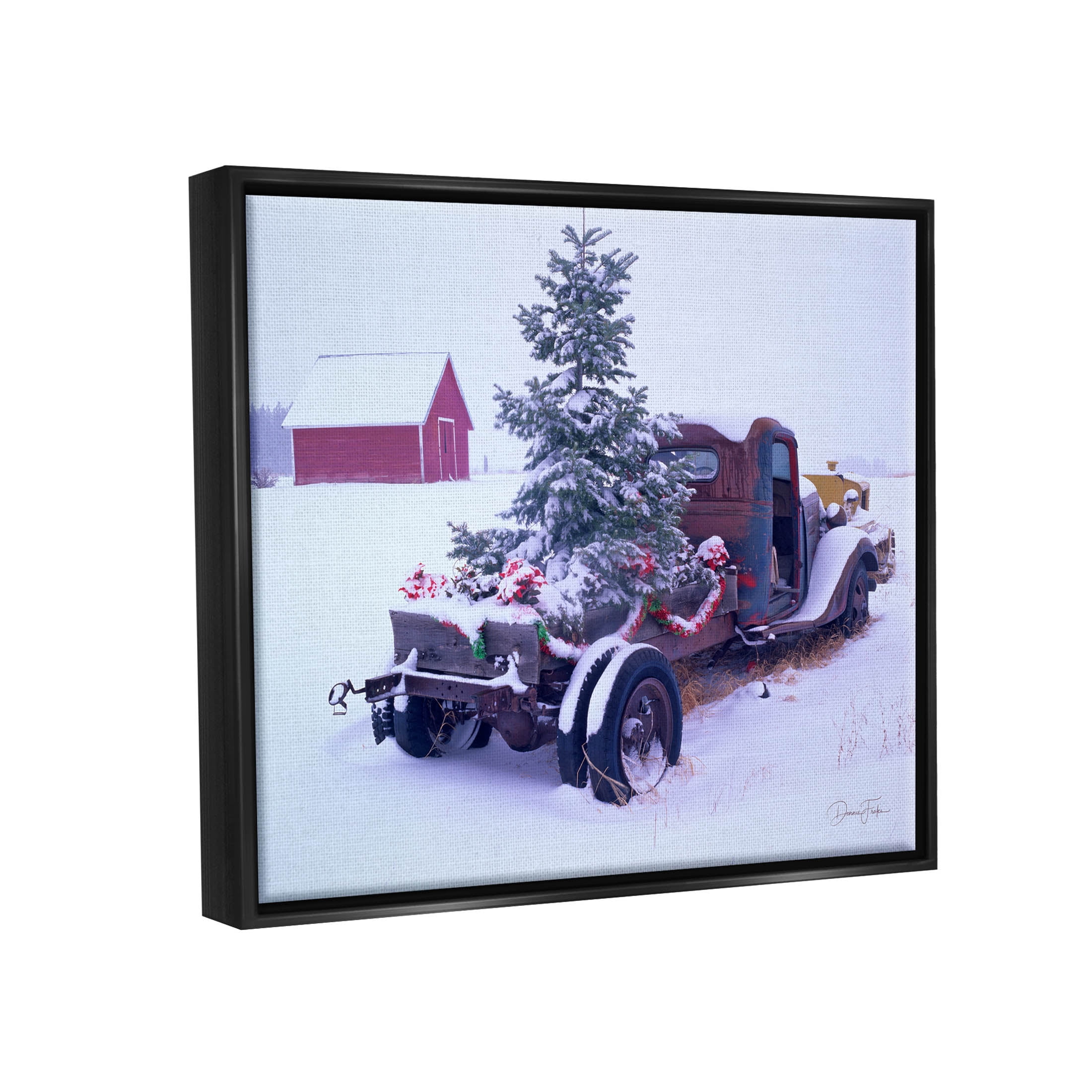 Snowy Farm Christmas Tree Landscape Holiday Graphic Art Jet Black Framed Art Print Wall Art