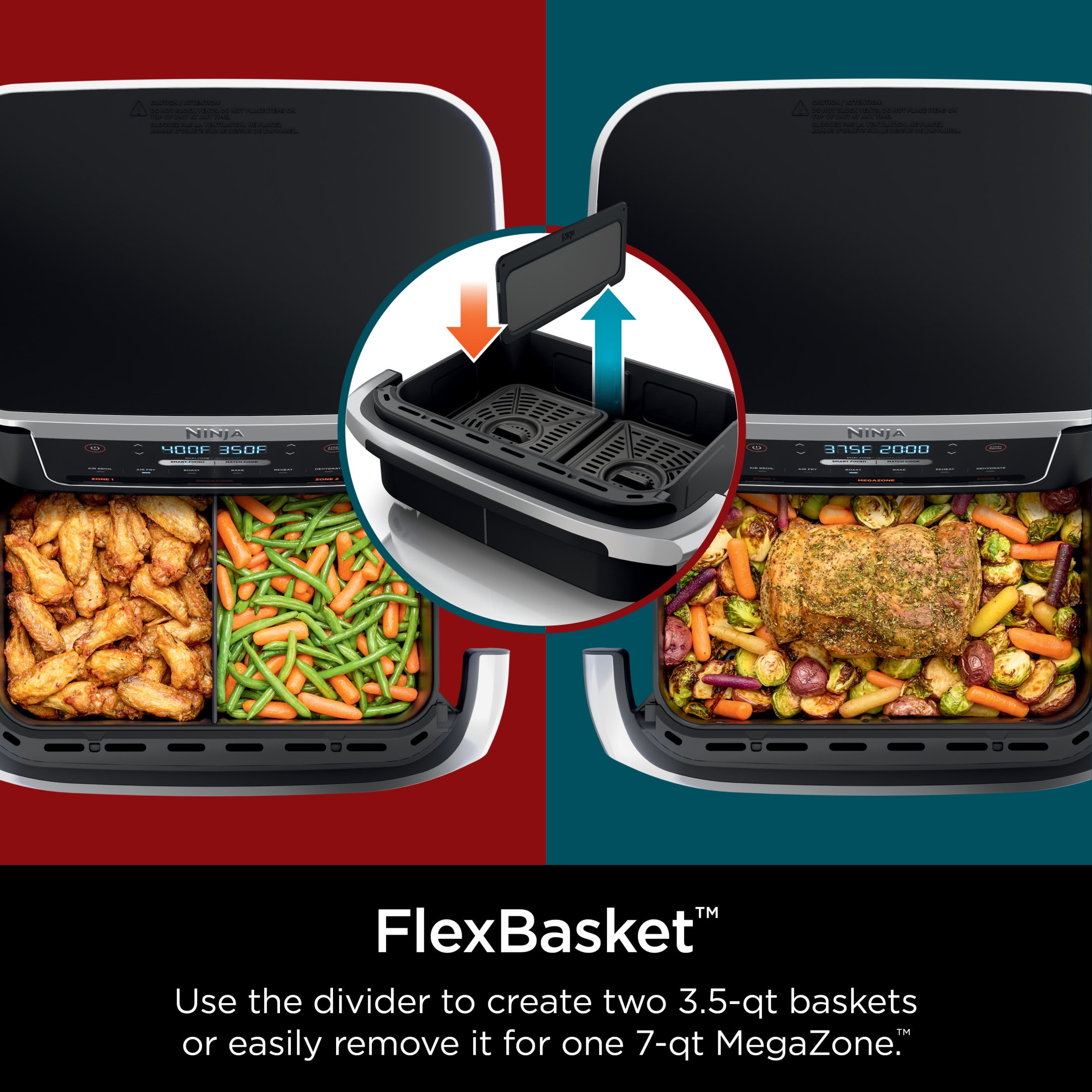 Ninja Foodi Air Fryer 7-Qt, DualZone FlexBasket, 6-in-1, Smart Finish, Cook 2 Foods 2 Ways, DZ071 Black