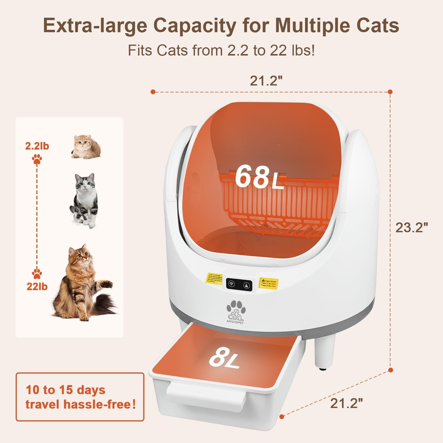 Self Cleaning Cat Litter Box, Open-Top Automatic Cat Litter Box for Multiple Cats, with Safety Protection, Smart App Control, Removable Washable Liner