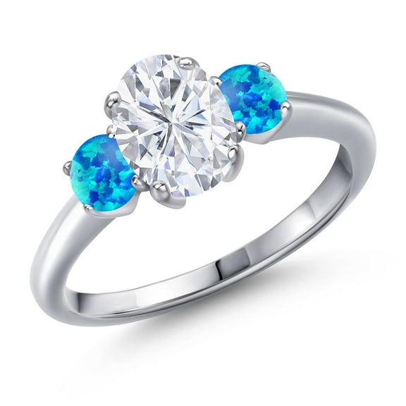 Gem Stone King 925 Sterling Silver Blue Simulated Opal Ring Set with Oval Moissanite (2.00 Cttw)