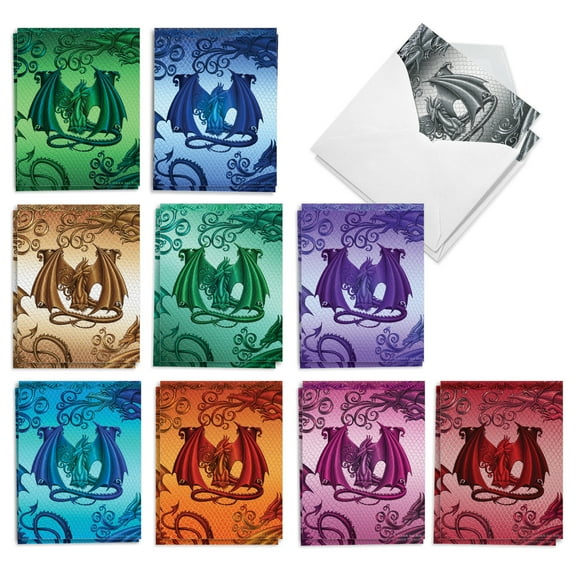 The Best Card Company 20 Assorted Blank Note Cards Box Set 4 x 5.12 Inch with Envelopes (10 Designs, 2 Each) Dragon Initials M AM10316OCB-B2x10