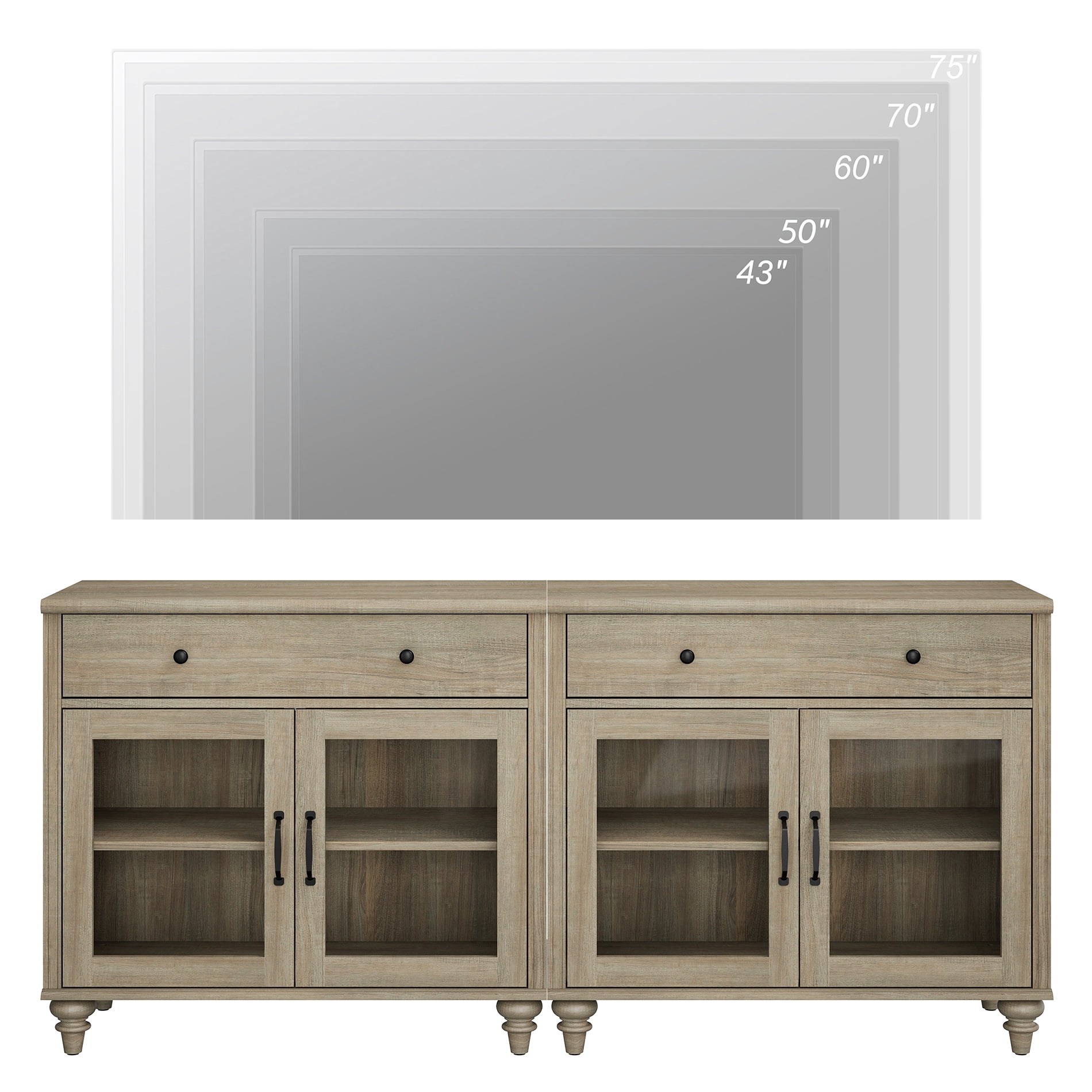 TV Stand For 75 Inch TV Inch TV, 2-In-1 TV Console Table For 43/50/60/75 Inch TV, Entertainment Center With 2 Drawers And 6 Doors, Wash Grey
