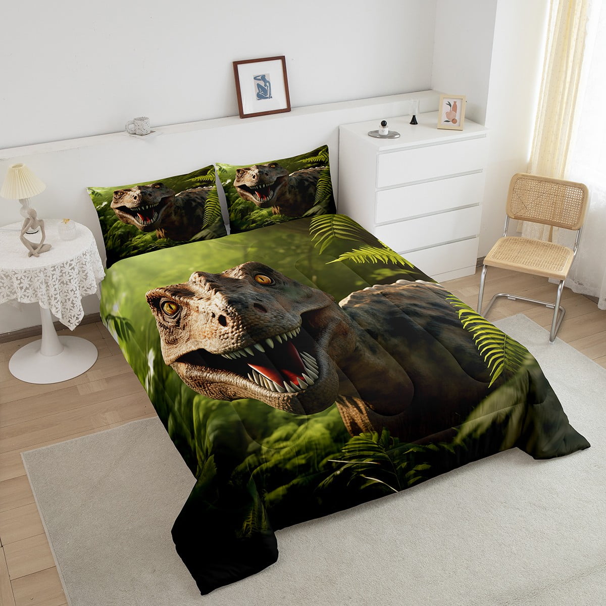 Wajade Dinosaur Comforter Set For Kids - Twin Size 3D Blue Dinosaur Jungle Print Bedding With 1 Comforter & 2 Pillowcases