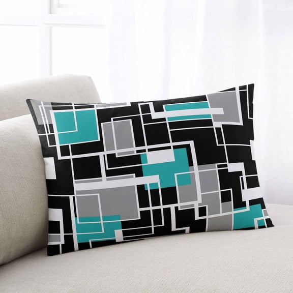 Teal Blue Black Geometric Throw Pillow Covers, Modern Abstract Art Block Soft Breathable Pillow Cases with Invisible Zipper for Sleeping, Toddler Pillowcases for Couch Bed Sofa Chair 12x20 Inches