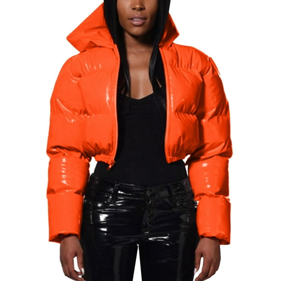 Outfmvch Puffer Jacket Womens Winter Coats for Women Ladies Autumn and Winter Warm Short Shiny Padded Hooded Leather Jacket Womens Winter Coats Orange M