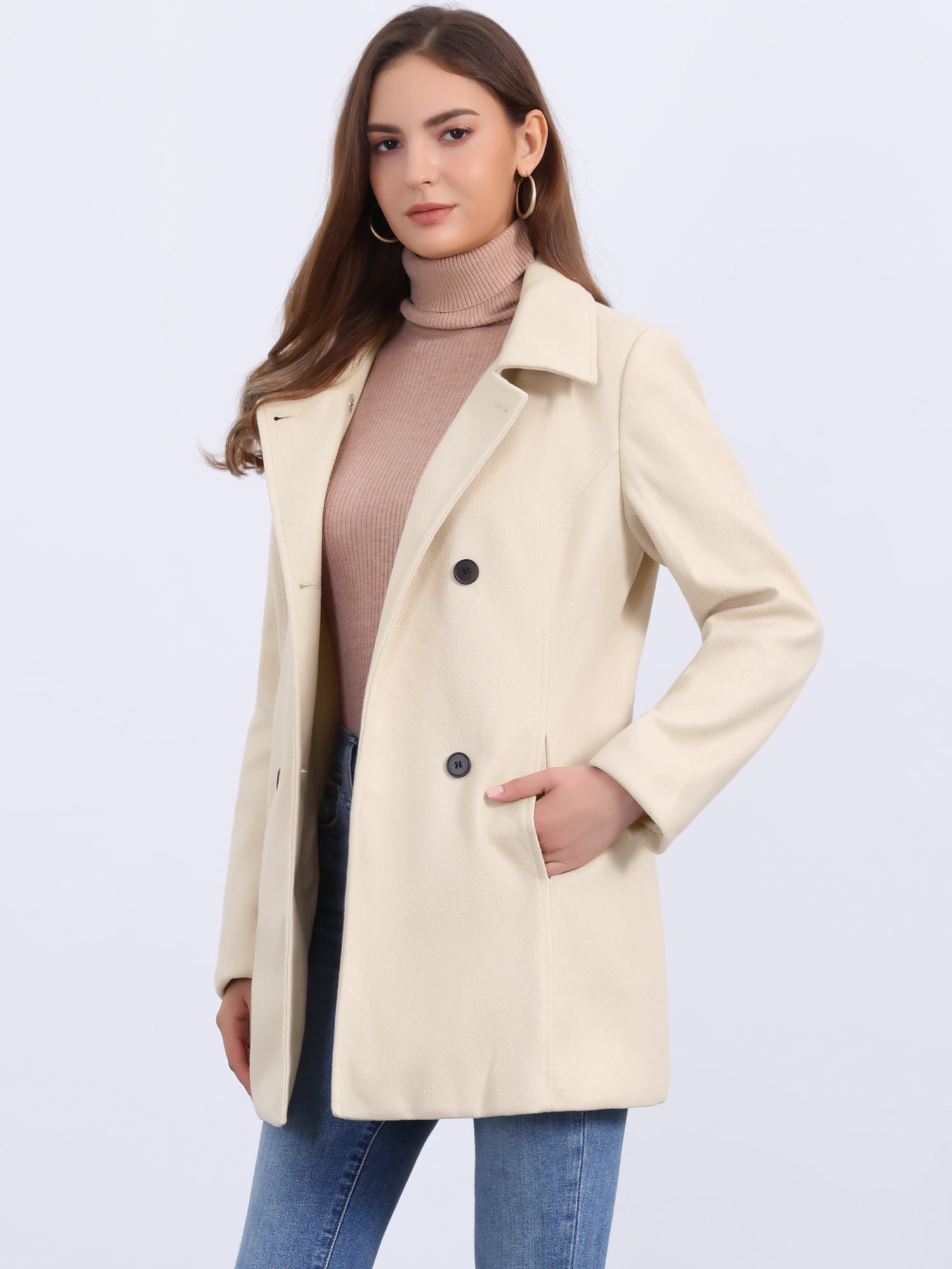 DARING DIVA Women's Double Breasted Long Sleeves Button Down Winter Peacoat L Beige