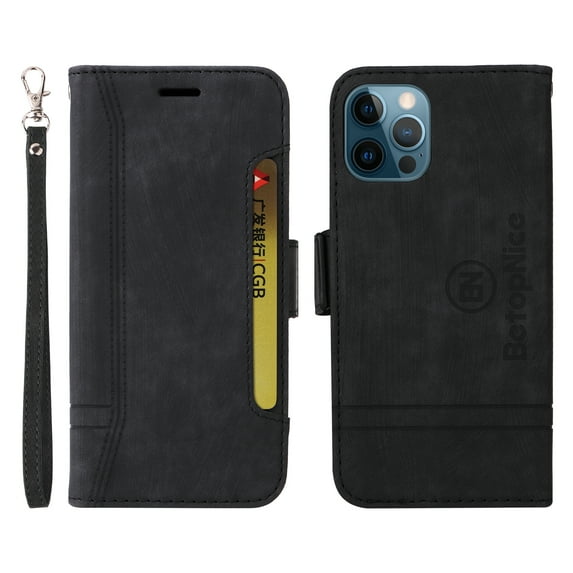 TECH CIRCLE for iPhone 12 Pro/12 6.1 inch Case,Luxury PU Leather Soft TPU Full Body Protection Magnetic Flip Holder Wallet Card Slots with Wrist Strap Shockproof Cover.For iPhone 12 Pro /12 6.1",Black