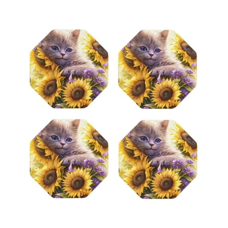 

Tideii Daisy Sunflower Lazy Cat for Leather Coasters 4 Pieces Anti-fouling and Anti-scalding Decorative Coasters Suitable for Restaurants Kitchens Coffee Shops-Octagon