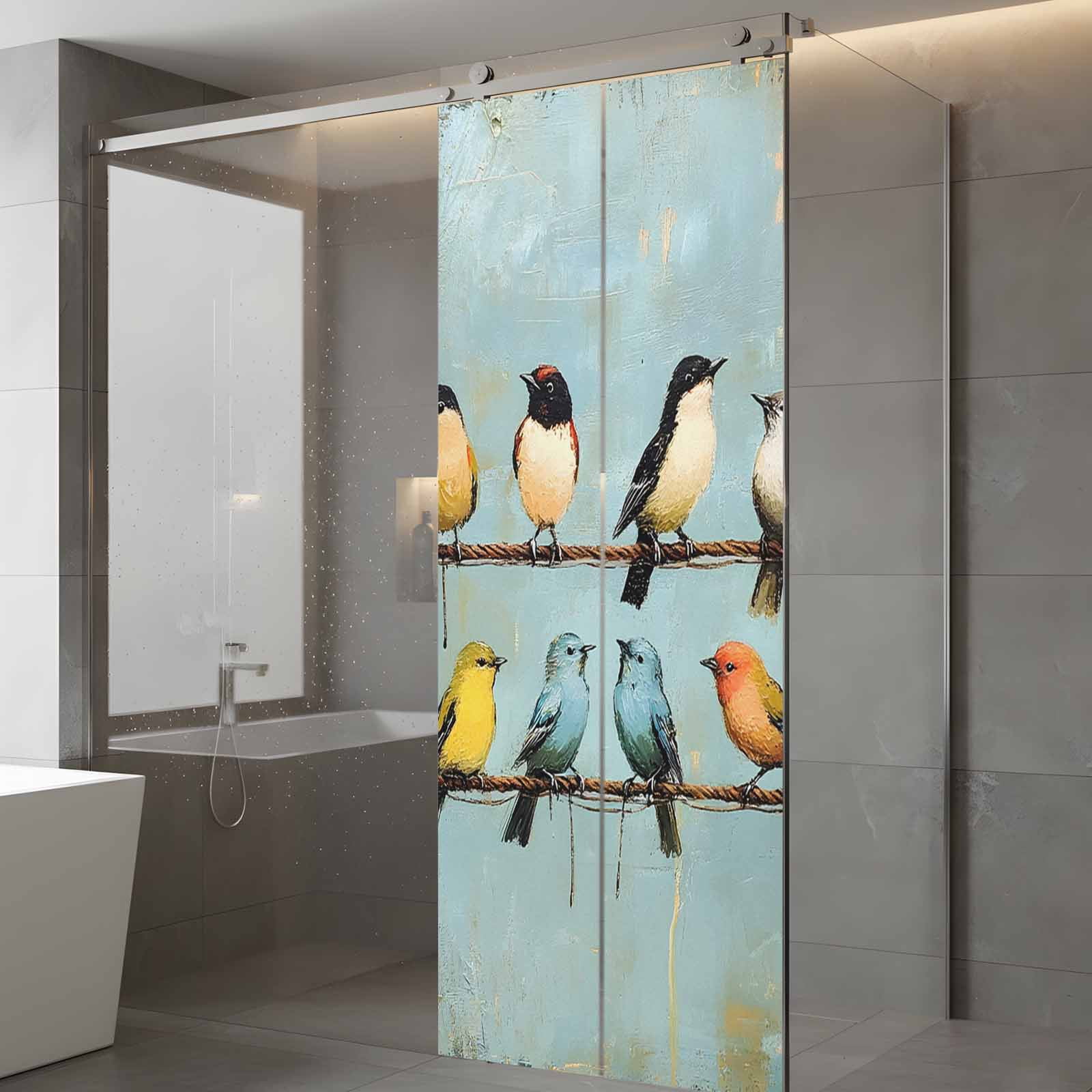 Colorful Birds Window Privacy Film, Spring Animal Modernism Painting Art Static Cling UV Sun Blocking Heat Control Window Tint Day and Night, Non-Adhesive One Way Windows Privacy Cover 23.6''x59''