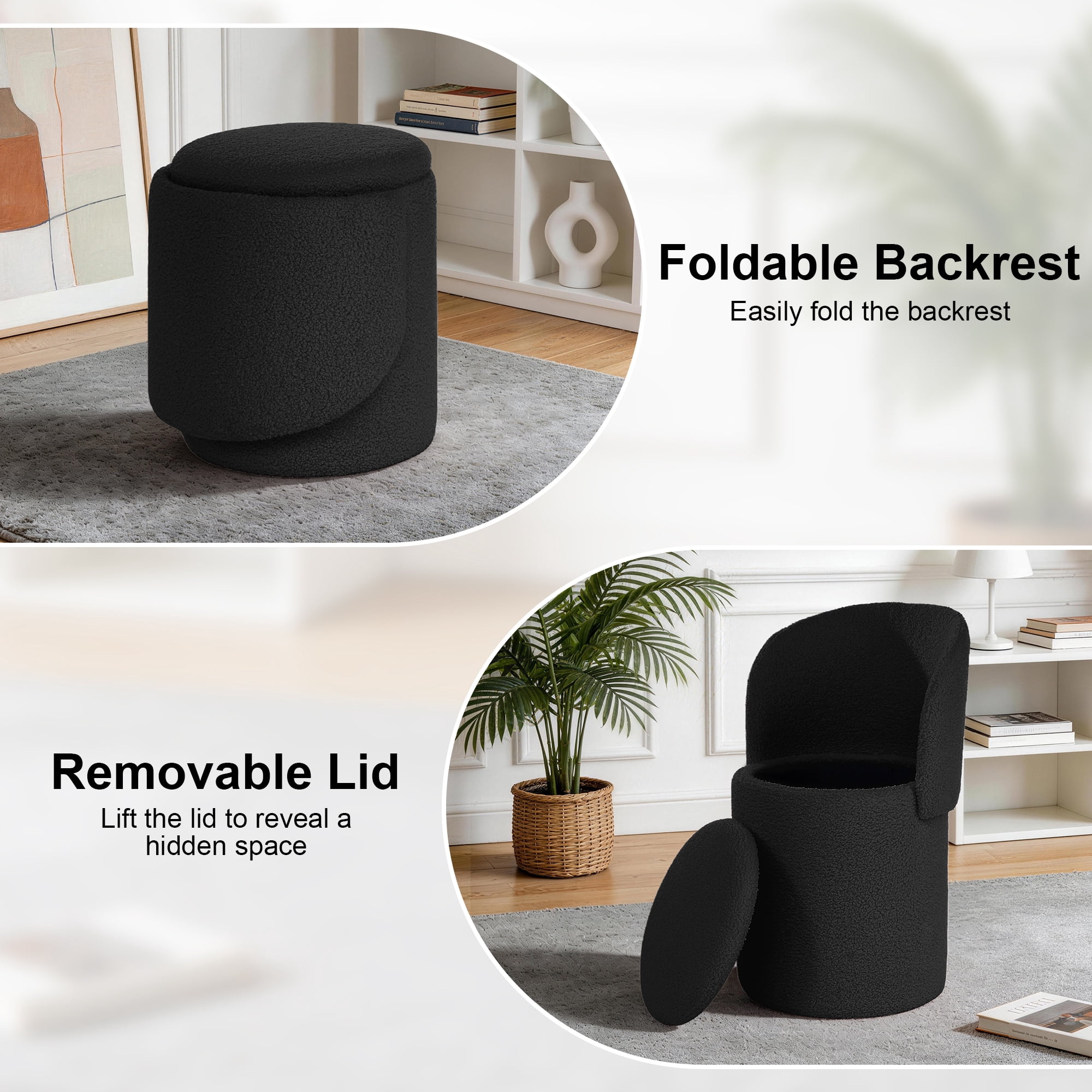 GEEYOO Modern Round Vanity Storage Stool,Sherpa Upholstered Ottoman with Foldable Backrest and Removable Lid,Comfy Makeup Stool for Bedroom Living Room,Black