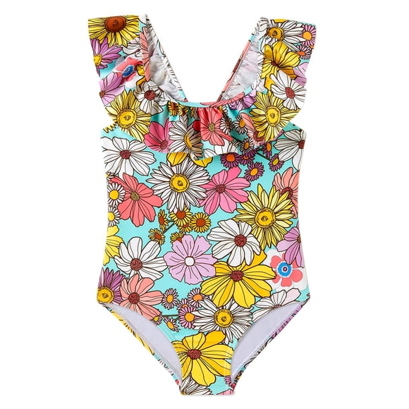 Traje de baño Angel Season para niñas, de una pieza, con volantes, girasoles, de 6 a 7 años