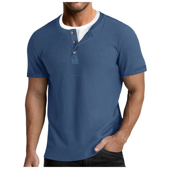 GEWSEY Mens Short Sleeve Shirts Casual Cotton Summer Slim Fit Waffle T-Shirts (Blue, L)