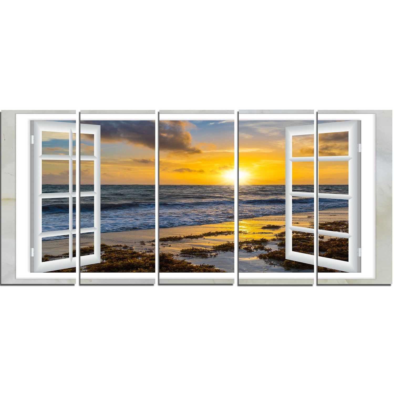 Tableau sur toile imprimée Design Art Paysage marin moderne Couchée de soleil jaune brillant à travers une fenêtre
