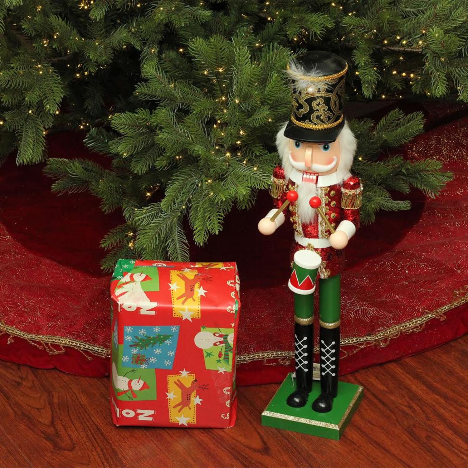 24" Decorative Red Green and Gold Wooden Christmas Nutcracker Drummer