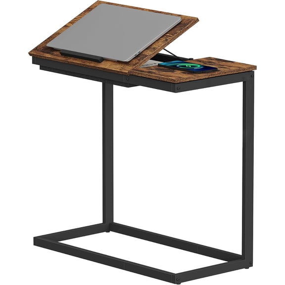 XIULIN C Shaped End Table, Large Side Table Tiltable Desk with Storage Bag, TV Tray Under Couch Table for Livingroom, Bedroom Brown TB01BB089