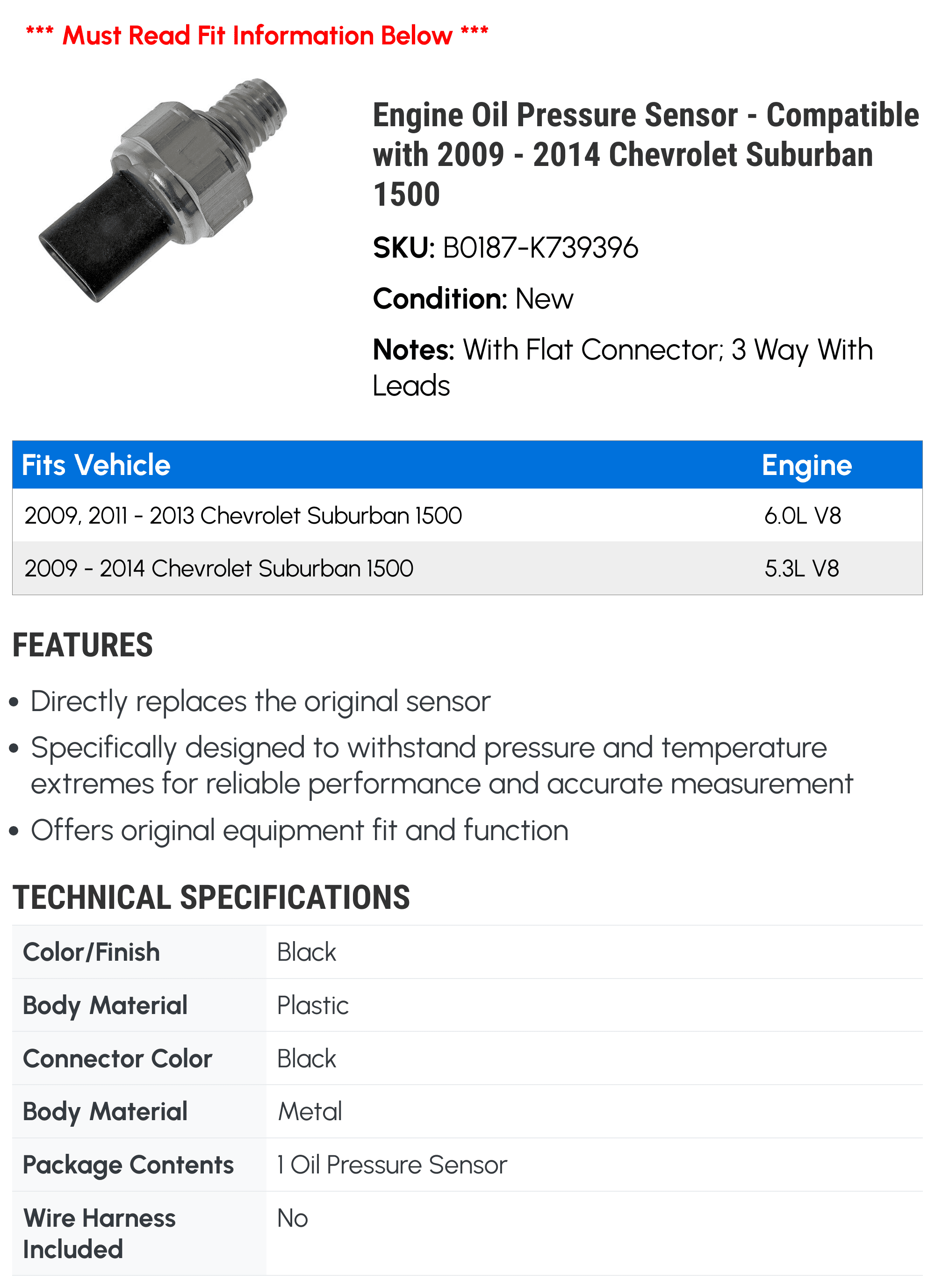 Engine Oil Pressure Sensor - Compatible with 2009 - 2014 Chevy Suburban 1500 2010 2011 2012 2013