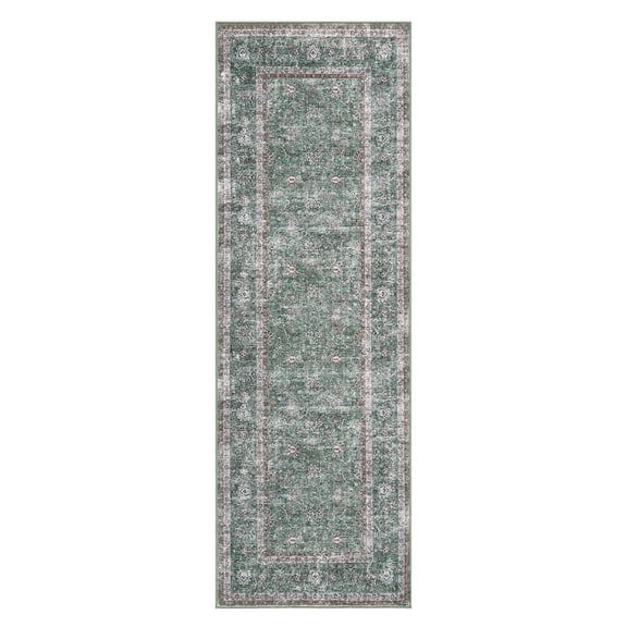 BouPower 2x6Ft Machine Washable Area Rug, Boho Vintage Distress Floral Rug for Living Room, Low Pile Bedroom Rugs, Thin Lightweight Print Pattern Carpet for Dining Room