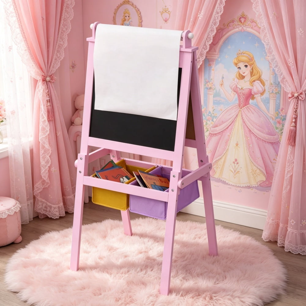Pink 3-in-1 Kids Easel (Whiteboard + Blackboard + Paper Roll) - MDF A-Shape, with Storage Baskets & Drawing Paper, for 3+ Years Old