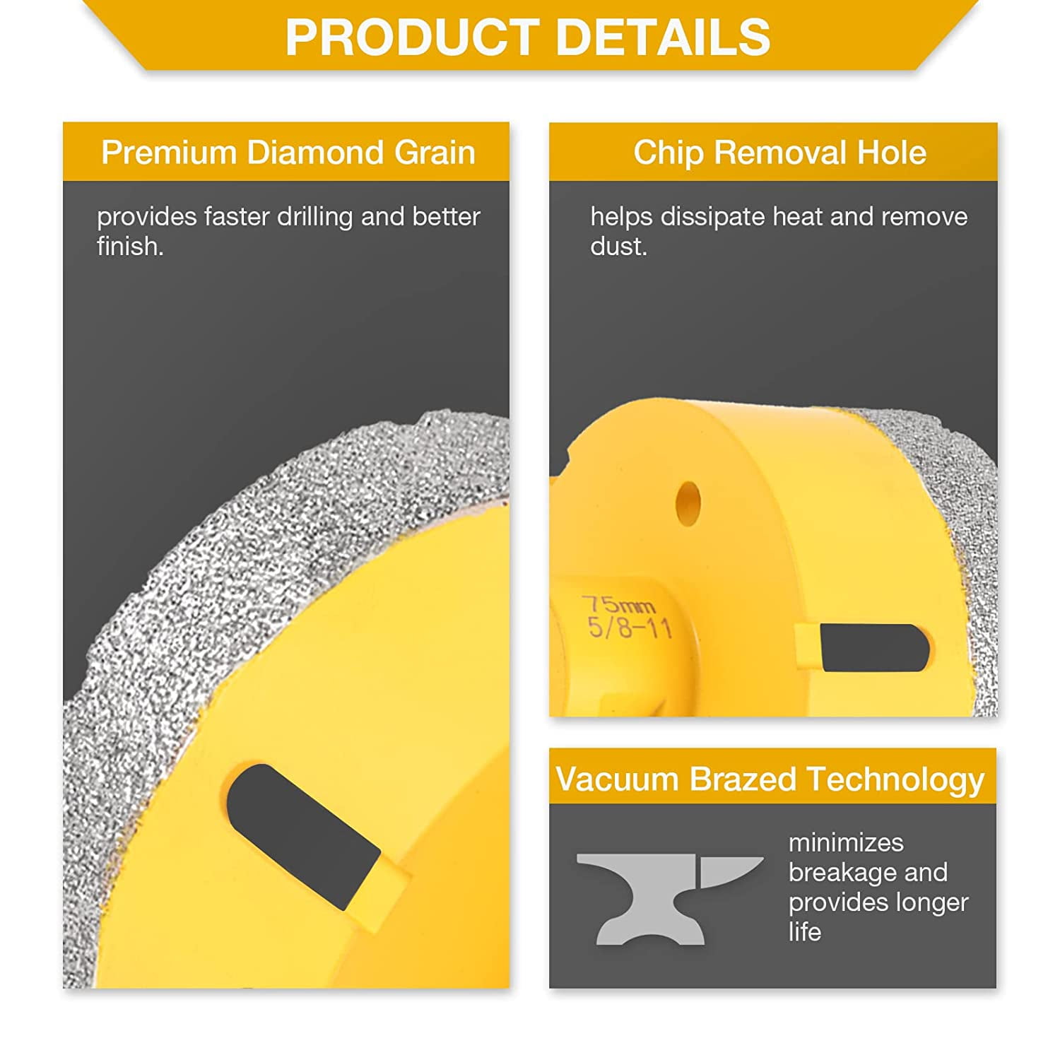 DAWOT 6PCS Diamond Core Drill Bits Set Tile Hole Saw Kit Vacuum Brazed Core Drill Bits(20/25/35/50/75/100mm) for Glass Marble Granite Stone Porcelain Tile Ceramic Brick