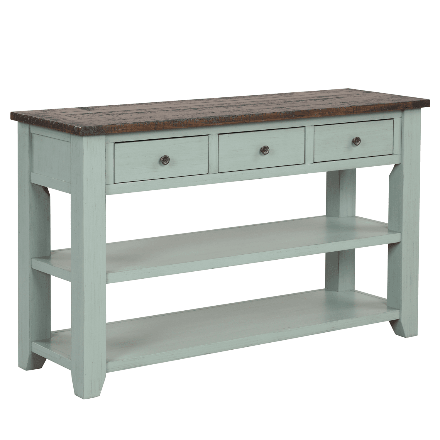 Tcbosik 48 inch Console Table, Entryway Table with Open Shelves and 3 Storage Drawers, Behind Couch Table for Foyer, Hallway, Living Room, Retro Blue