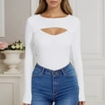 thumbnail image 2 of Gyexs Cute Long Sleeve Tops for Women Round Neck Ribbed Knit Fitted T-Shirts Open Chest Design for Going Out Tee White, Size M, 2 of 5