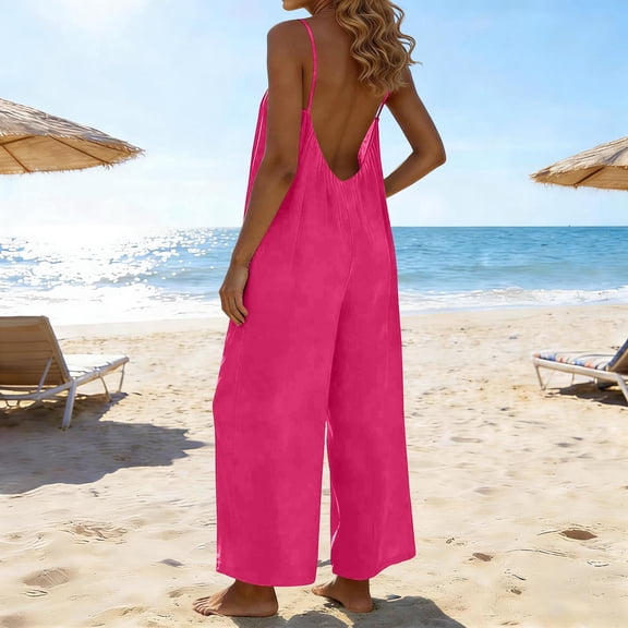 KIHOUT Women's Spaghetti Strap Backless Jumpsuit with Pockets Loose Wide Leg Casual Romper for Summer Beach Wear