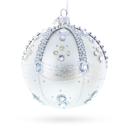 White Jewels on Silver Glass Ball Christmas Ornament 4 Inches
