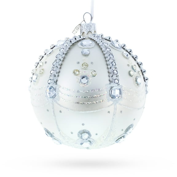 White Jewels on Silver Glass Ball Christmas Ornament 4 Inches