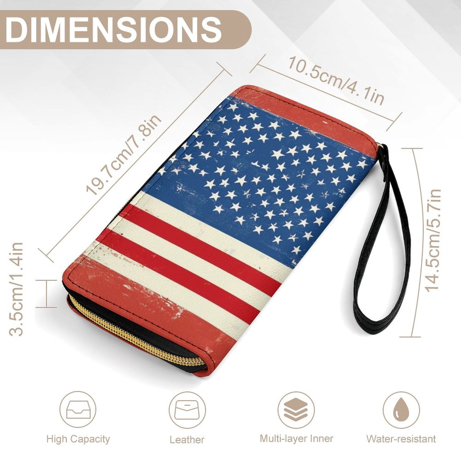 Womens Wallet Bifold Ladies Cluth Bag Wristlet Wrist Strap Long Purse American Flag Design