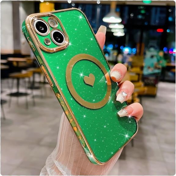 Compatible with iPhone 13 Magnetic Glitter Bling Case 6.1 Inch, Luxury Love Heart Pattern Plating Case, Compatible with MagSafe for Women Girls Shockproof Back Cover-Green