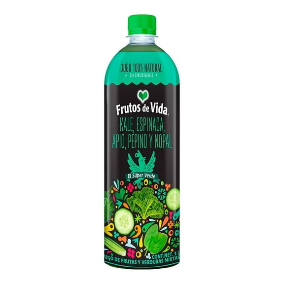 Jugo Frutos de Vida con con kale, espinaca, apio, pepino y nopal 1 l
