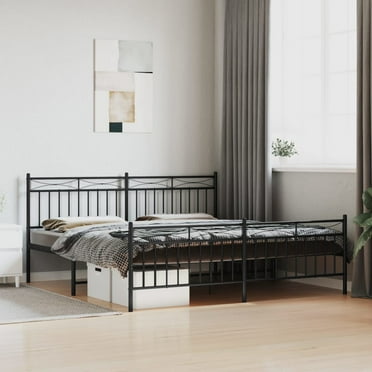 vidaXL California King Metal Bed with Headboard, Under Bed Storage, Noise Free, Black, No Mattress