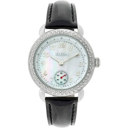 Elgin Women's Silver-Tone White Mother of Pearl Multifunction Dial Czech Crystal Accented Glossy Black Leather Strap Watch