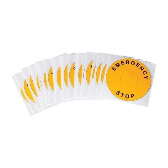 Emergency Stop Legend Plate Label, 22mm, Black on Yellow, THTEP-247-593YL,PK25