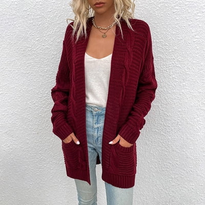 Tralilbee Women's Long Sleeve Cardigan Twist Cardigan Mid-length Twisted Rope Cardigan Sweater