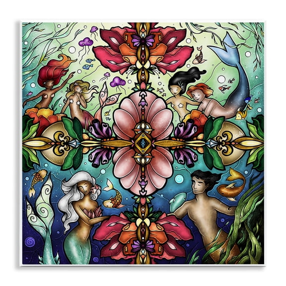 Stupell Industries Detailed Stain Glass Style Mermaids Fantasy & Sci-Fi Painting Unframed Art Print Wall Art, 12 x 12