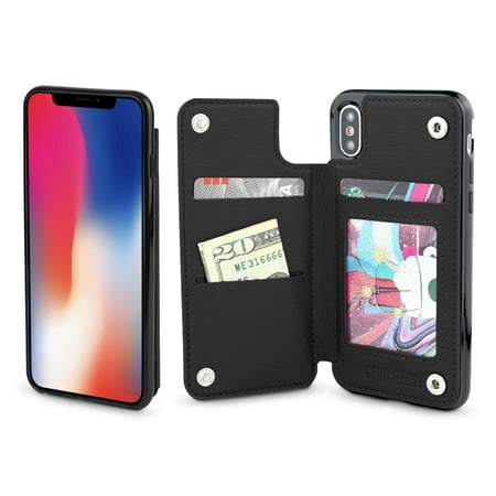 Gear Beast iPhone X Wallet Case, Top View Flip Folio Case For iPhone X Slim PU Leather Cover 3 Slot Card Holder Including ID Holder Bumper Case For Men and Women With Bonus Screen