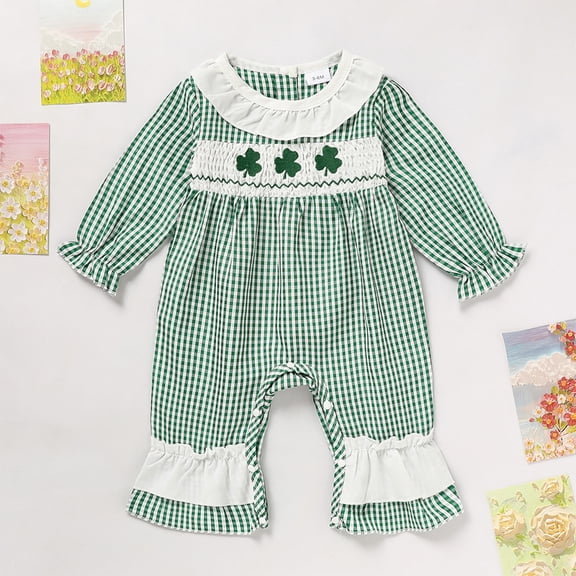ZEHJUHAN Newborn Baby Girl's Clover Embroidered Romper, Green Checkered Long Sleeve Onesie with Lace Trim Green，3-6M