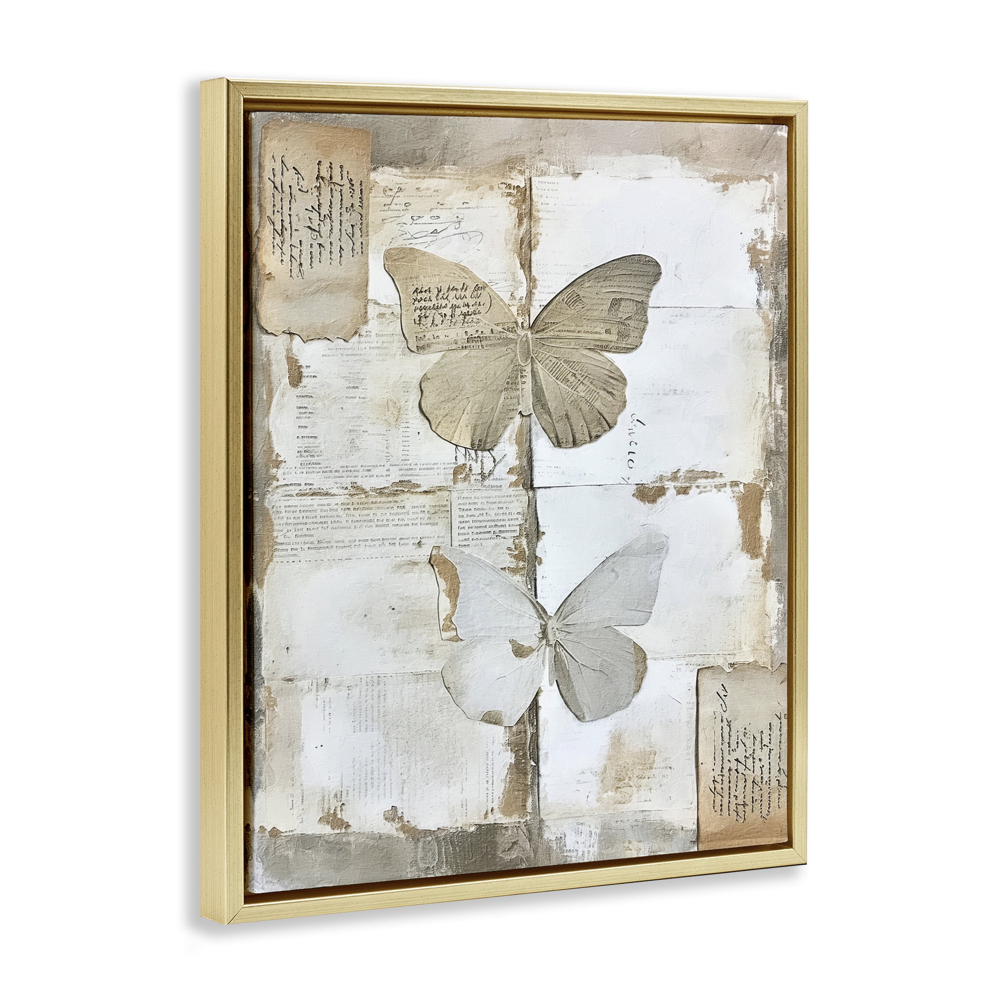 Stupell Industries Vintage Butterfly Collage Animals Painting Gold Floater Framed Canvas Art Print Wall Art, 17 x 21