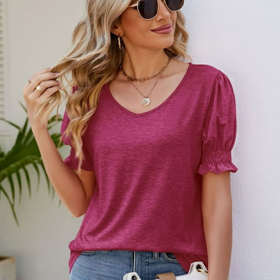 SELONE Womens T-Shirts Short Sleeve Tops Blouses Regular Fit T Shirts Puff Sleeve Pullover Tees Tops Solid T-Shirts V Neck Tops Casual Blouses T Shirts Easy Care Soft Breathable Pullover Tops Wine M