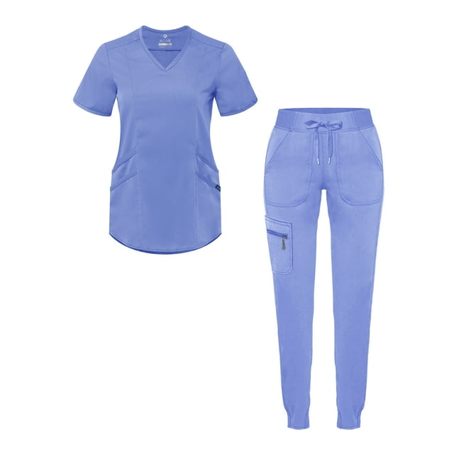 Adar Pro Modern Athletic Scrub Set For Women - Modern V-Neck Scrub Top & Yoga Jogger Scrub Pants