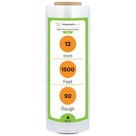 PSBM Stretch Wrap, 4 Pack, 12 Inch x 1500 Feet, 90 Gauge, Clear Plastic Cling, Blown Hand Stretch Film Rolls for Packaging Moving Packing Pallets