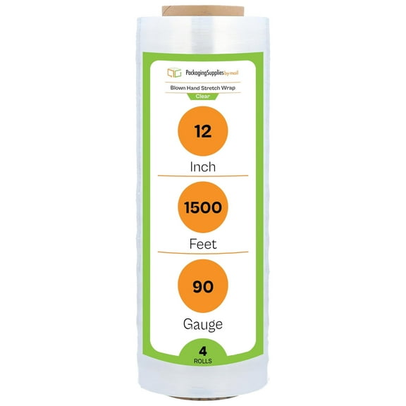 PSBM Stretch Wrap, 4 Pack, 12 Inch x 1500 Feet, 90 Gauge, Clear Plastic Cling, Blown Hand Stretch Film Rolls for Packaging Moving Packing Pallets