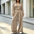 thumbnail image 6 of Szluipve 2 Piece Sets for Women 2 Piece Tracksuit V‑Neck Drawstring Hoodie Top High Waist Pleated Wide Leg Pants Set Casual Loose Matching Loungewear Outfit With Pockets Khaki L, 6 of 7